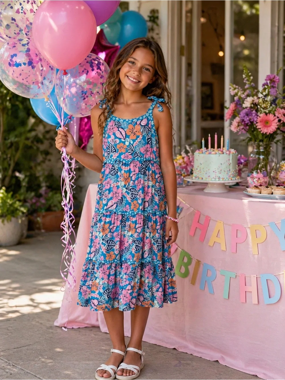 Cat & Jack Girl’s Blue Pink Floral Tiered Flowy Maxi Summer Sundress L(10/12)